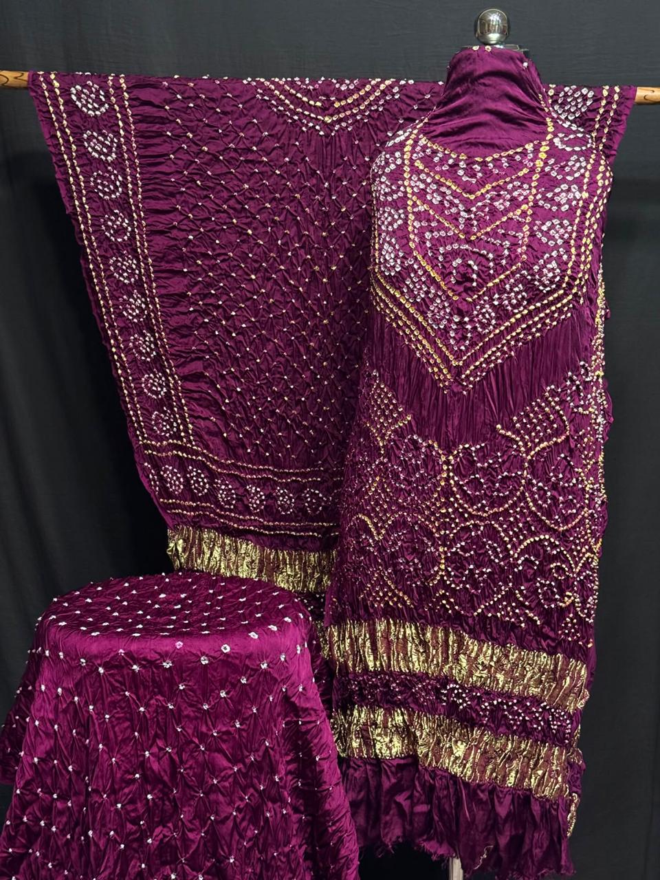 Premium Pure Modal Silk Rayi Bandhej 3-Piece Suit with Heavy Tissue Pallu Dupatta