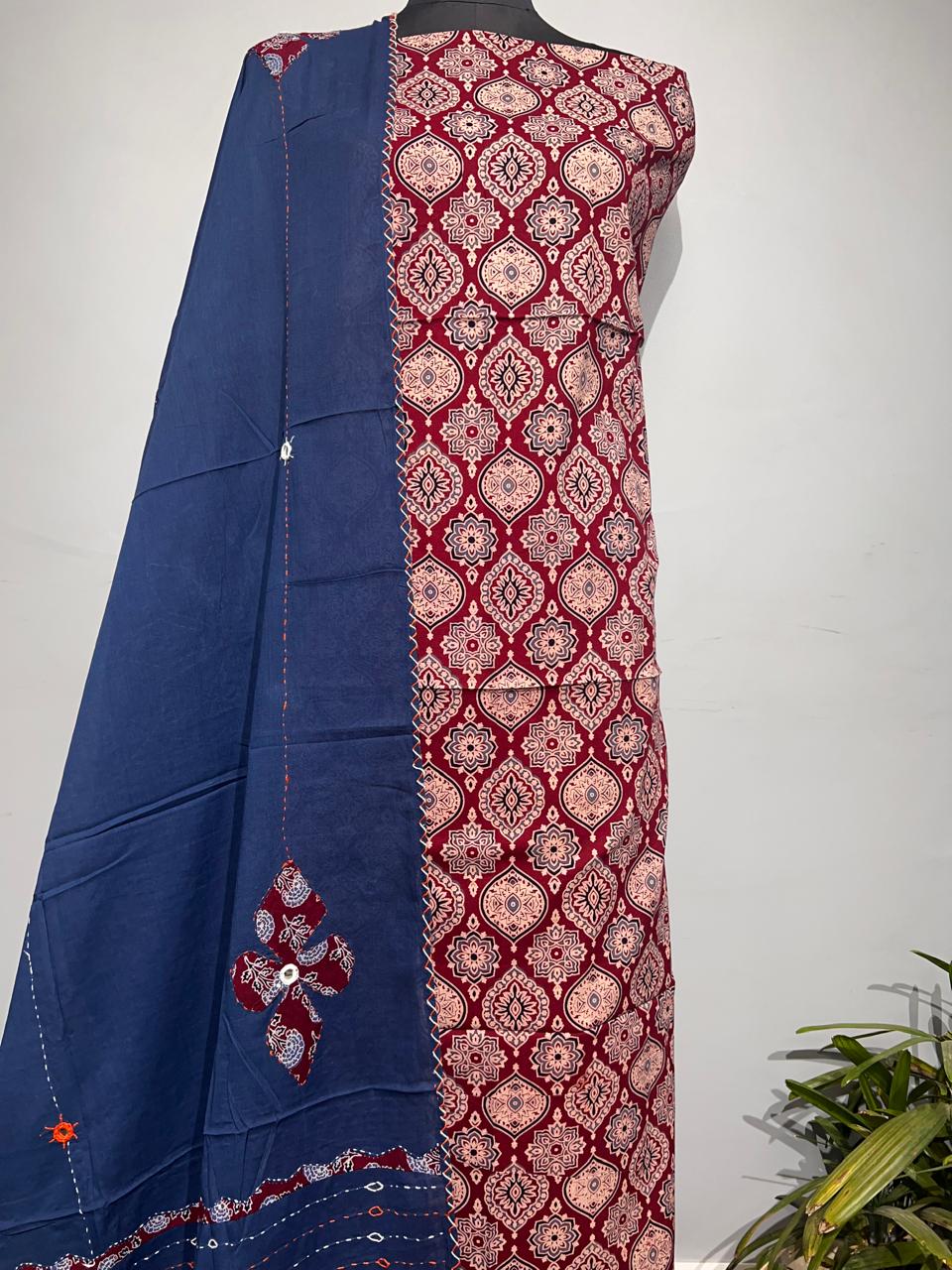 Pure Cotton Azrakh Print Unstitched suit With katha work Dupatta