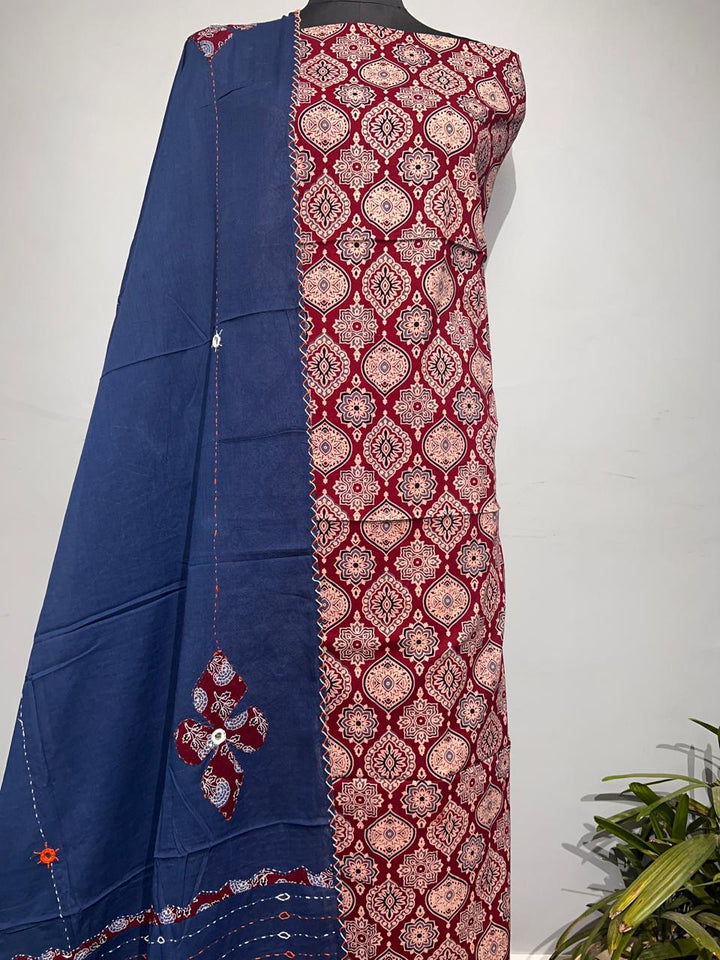Pure Cotton Azrakh Print Unstitched suit With katha work Dupatta