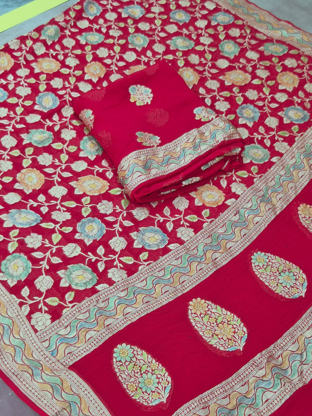 Pure Khhadi Chiffon Georgette Water Zari Work Unstitched Suit With khhadi Georgette Dupatta.