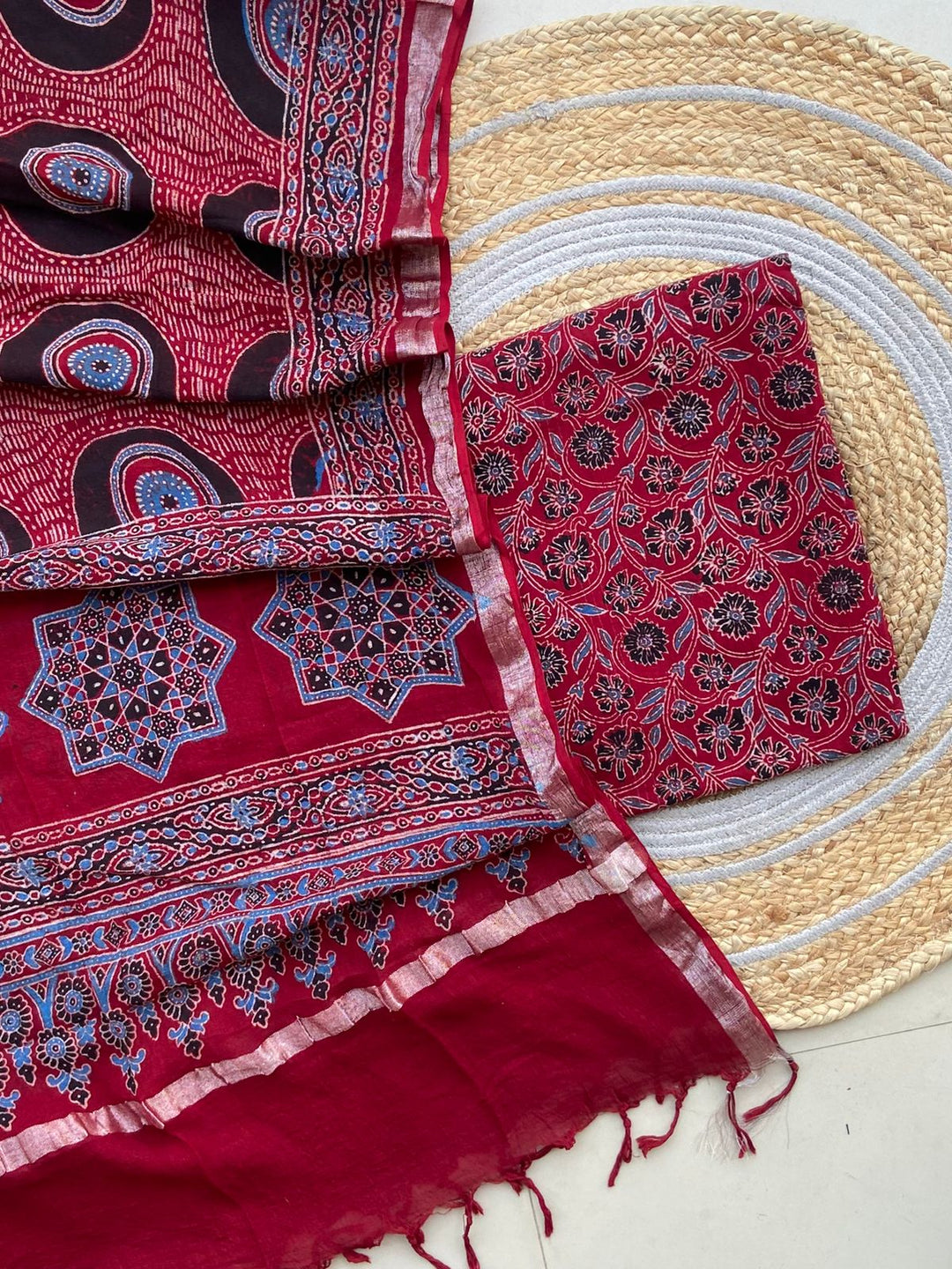 Exclusive Azrakh Hand block Pure Cotton Linen 2-Piece Unstitched Suit  With Dupatta