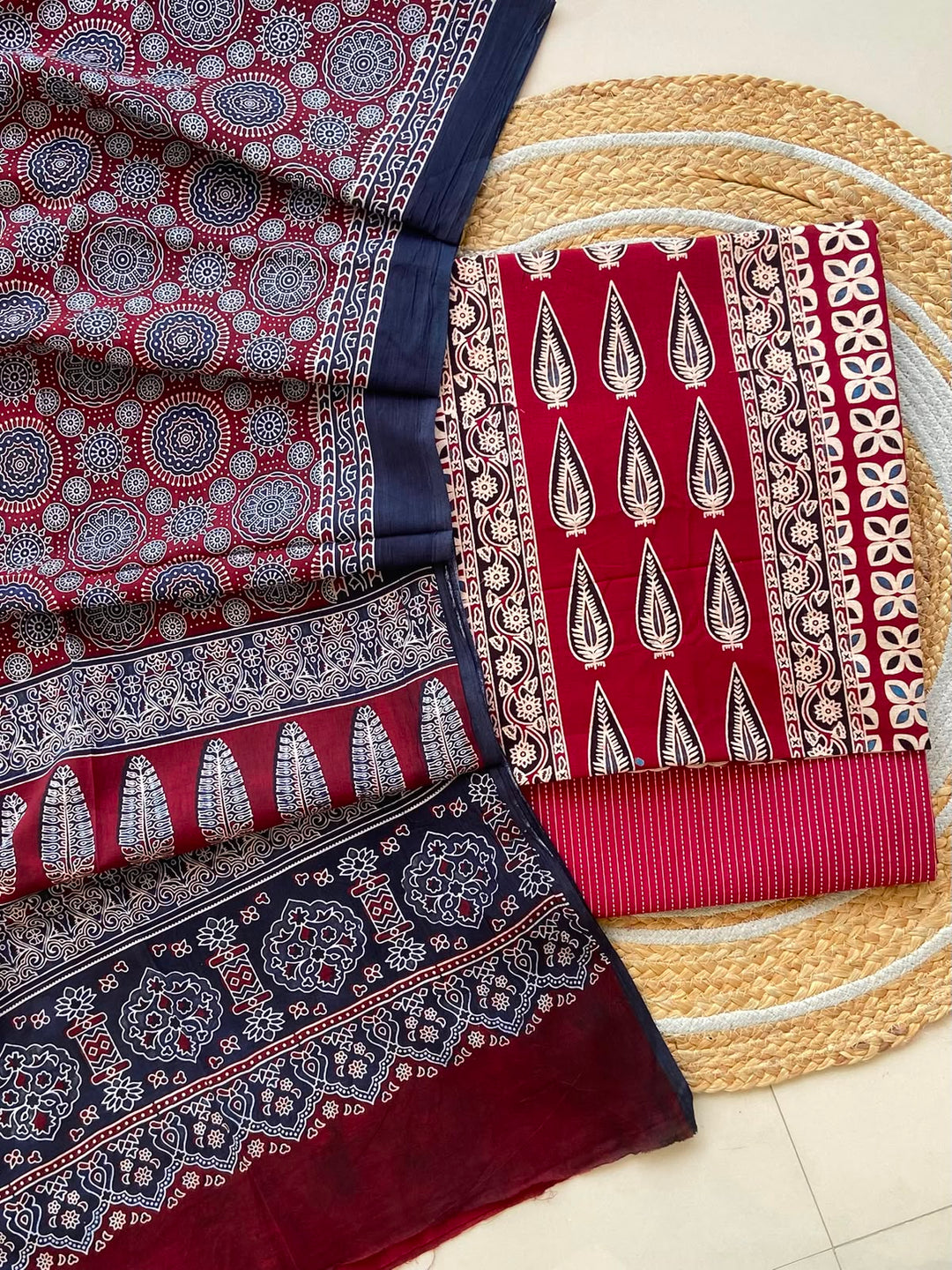 Pure Cotton Azrakh Print Unstitched Suit With  mul cotton  Duppatta