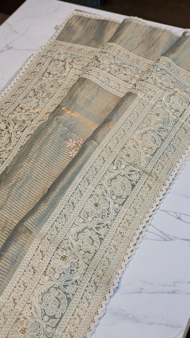 Pure Organza Stripes Embroidery Border Work Saree.