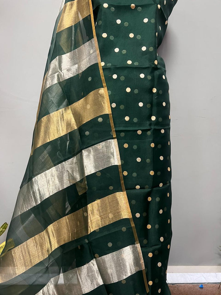 Exclusive Pure Banarasi Organza Unstitched Suit with Tissue Gold Silver Patta Dupatta