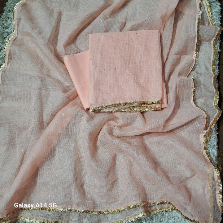 Pure Kota doria 3 pc Unstitched Suit with Mukaish work