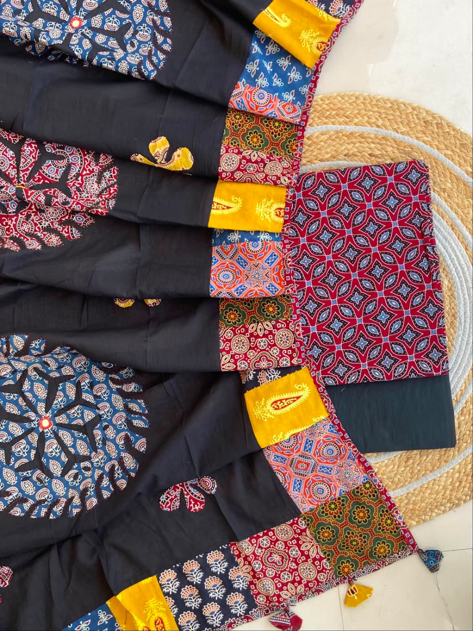 Pure Cotton Azrakh Print Unstitched Suit With Applique Work Dupatta