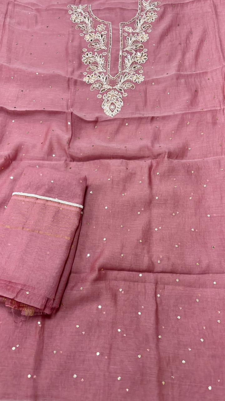 Pure Mul- Mul Chanderi Chakiankari Work Unstitched Suit with Cutdana work .