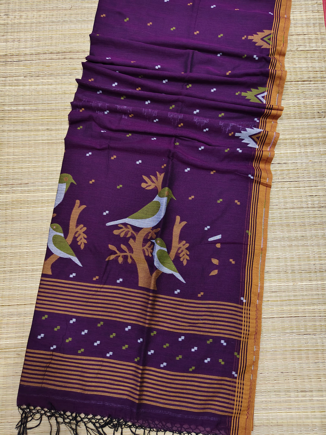 Pure Cotton Handloom Jamdani Bird Motif Saree With Blouse