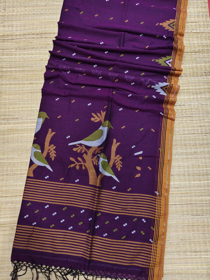 Pure Cotton Handloom Jamdani Bird Motif Saree With Blouse