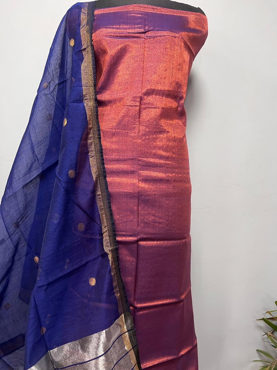 Pure Maheshwari Silk Hand Loom Unstitched Suit.(2pc Set)