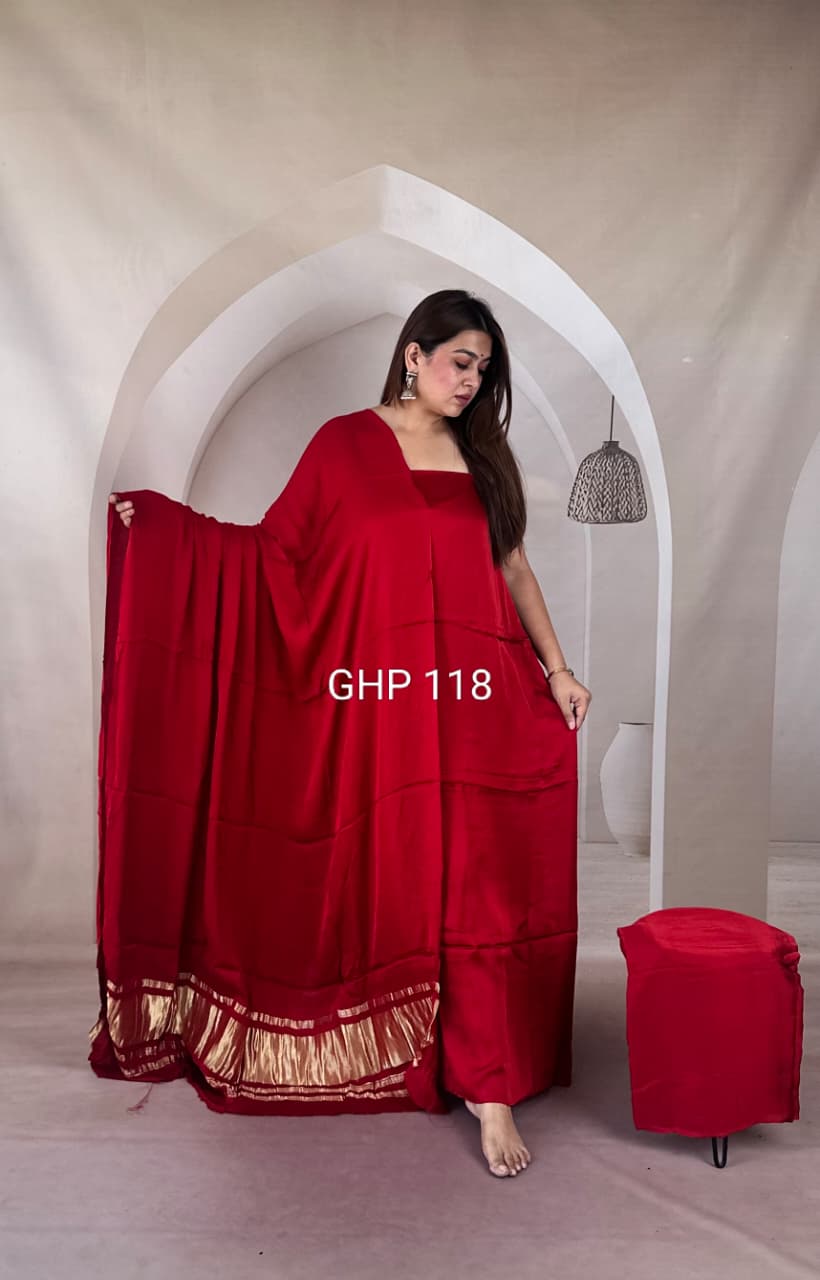 Pure Modal Silk Unstitched Suit with Lagdi Patta Dupatta in RED