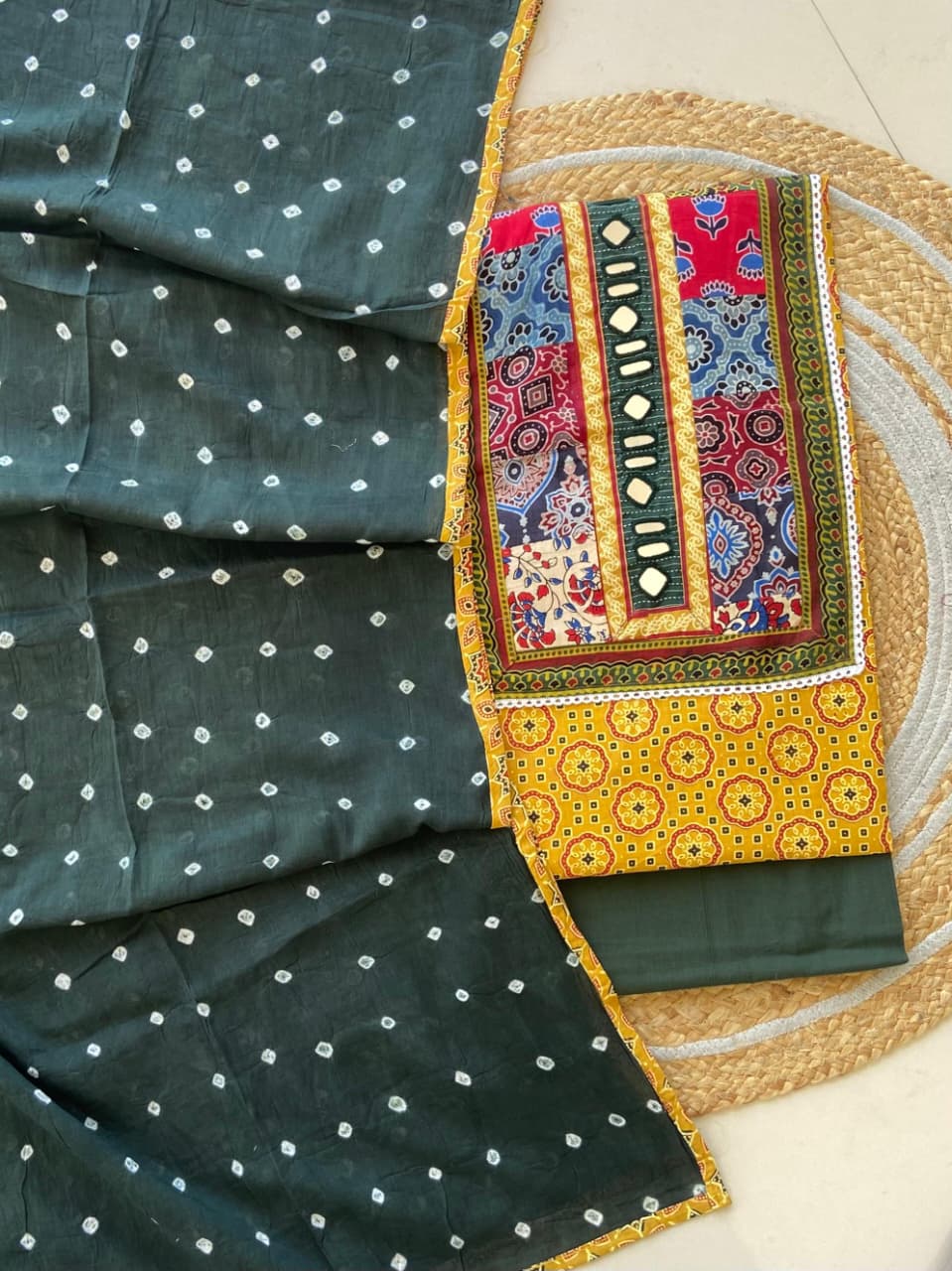 Pure Cotton Azrakh Print Unstitched Suit With heavy mirror work