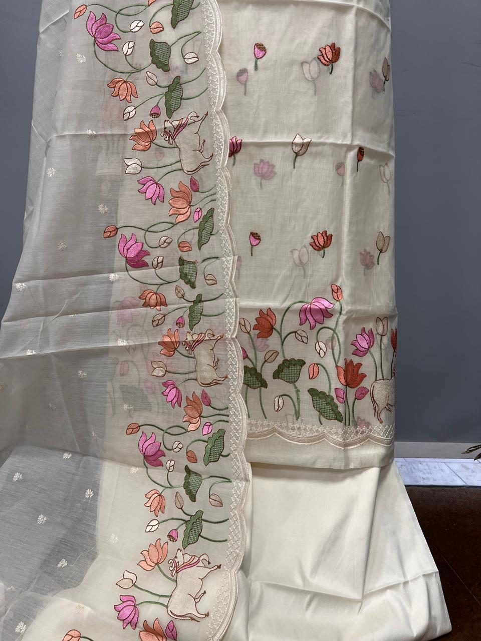 Pure Banarasi Mul Cotton Unstitched Suit With Embroidery Work