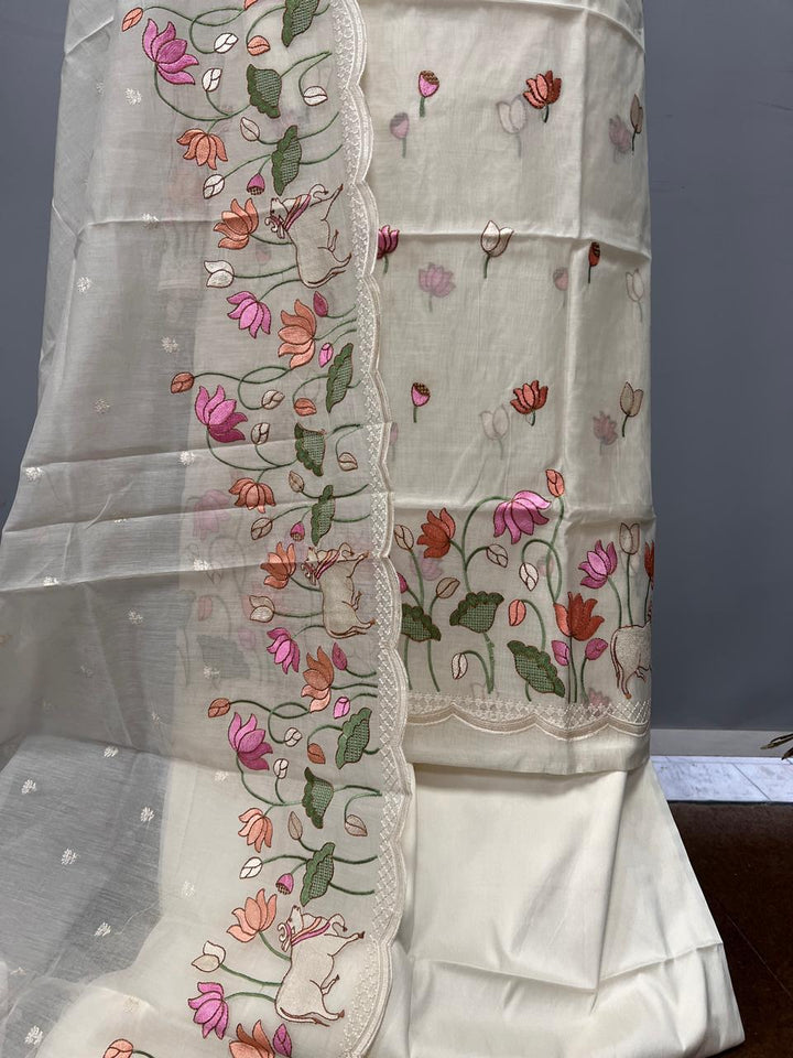 Pure Banarasi Mul Cotton Unstitched Suit With Embroidery Work