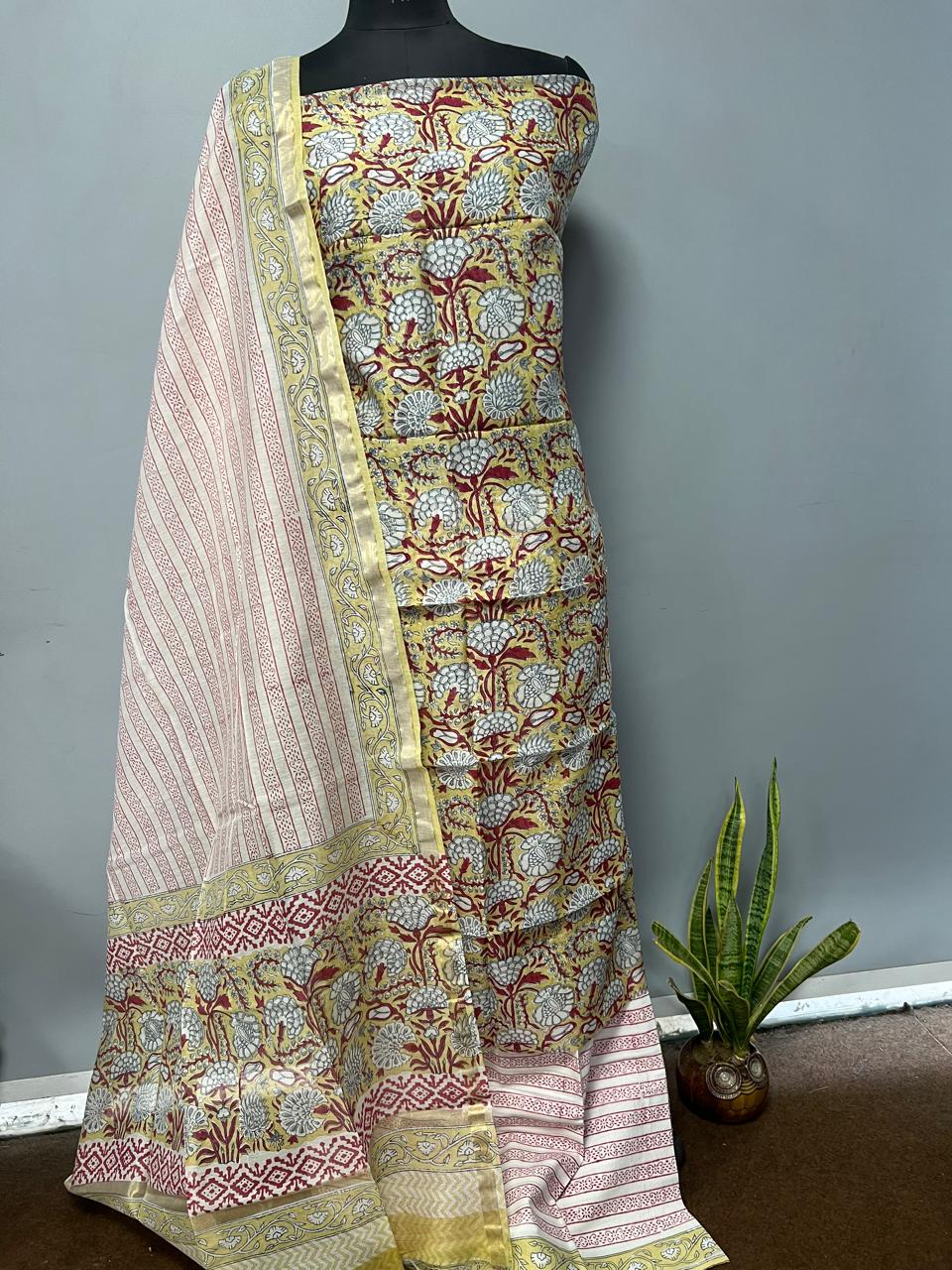 Pure Hand Block Chanderi Silk Unstitchd Suit