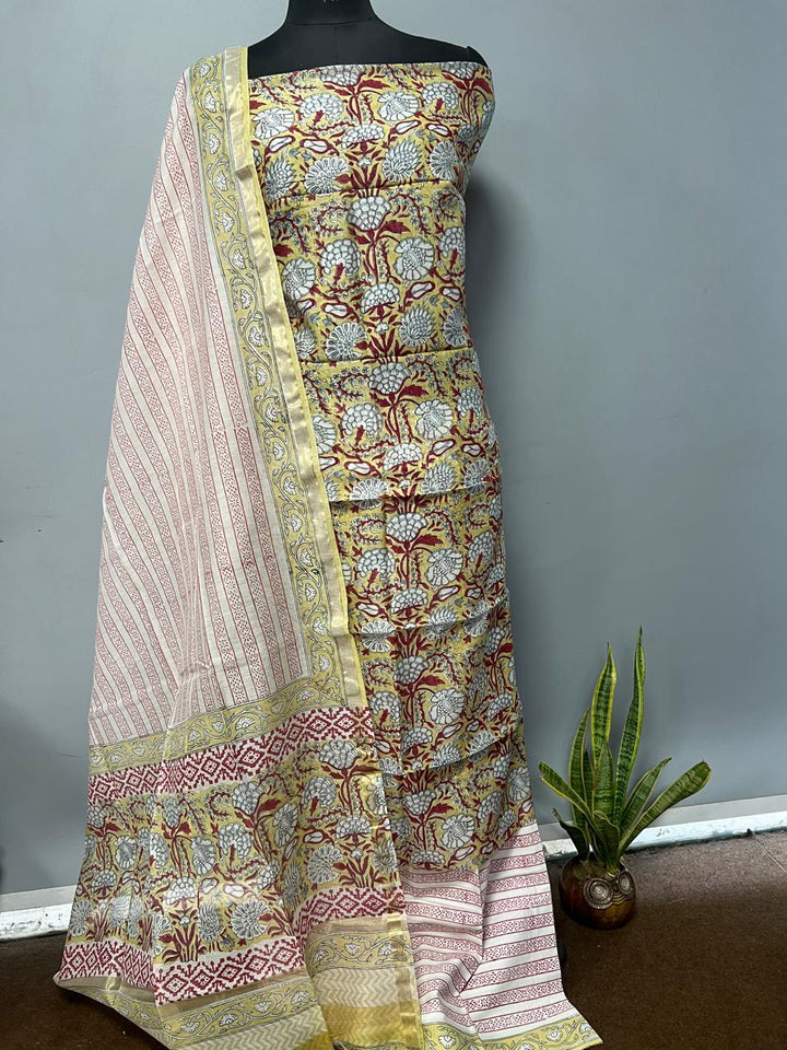 Pure Hand Block Chanderi Silk Unstitchd Suit