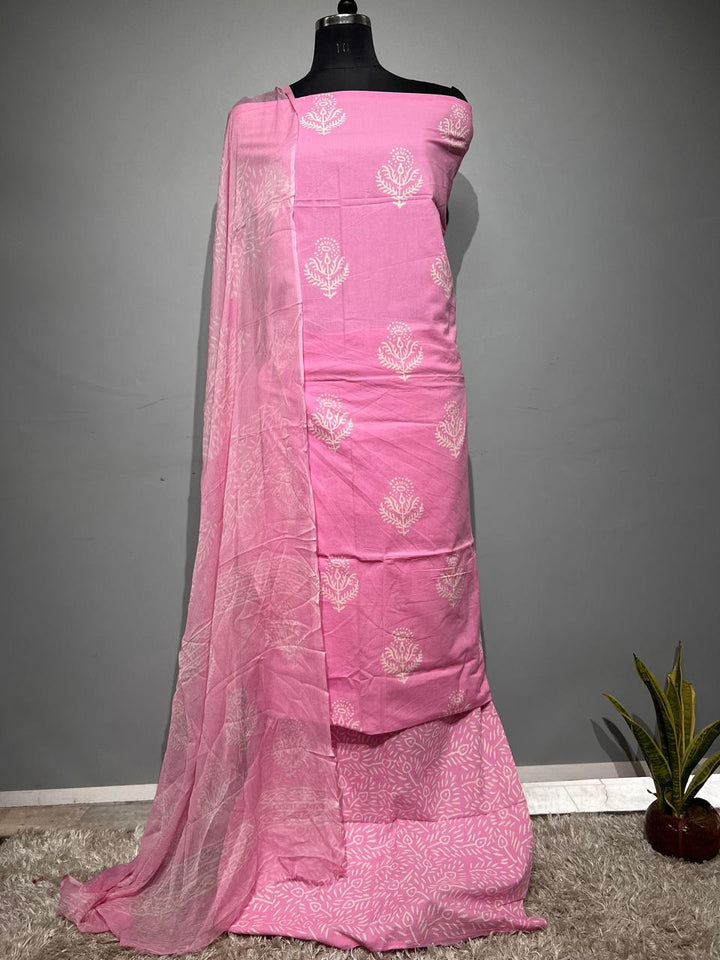 Pure Cotton Hand Block Print Unstitched Suit With Chiffon Dupatta