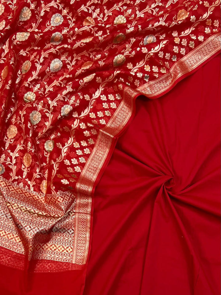 Banarasi Cotton Silk Plan Unstitched Suit With Chanderi Lorex Full jaal Dupatta.