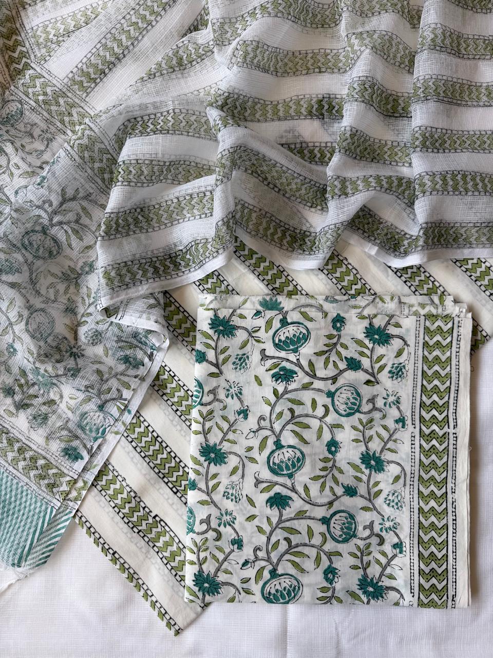 Pure Cotton Hand block print Unstitched Suit with Kota Dupatta