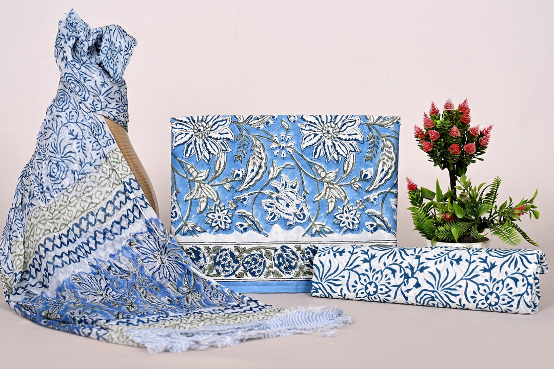 Pure Cotton Hand Block Print Unstitched Suit With Chiffon Dupatta