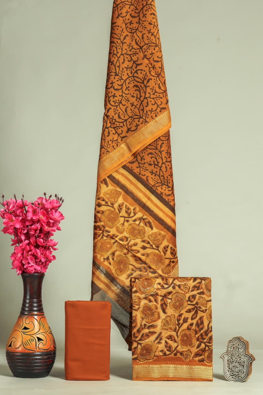 Pure Maheshwari Silk Hand block print Unstitched Suit.