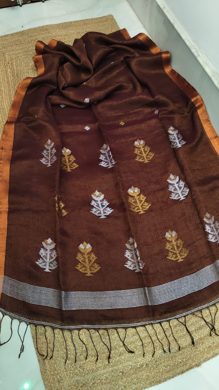 Pure Linen Tissue jamdani Saree With Blouse.