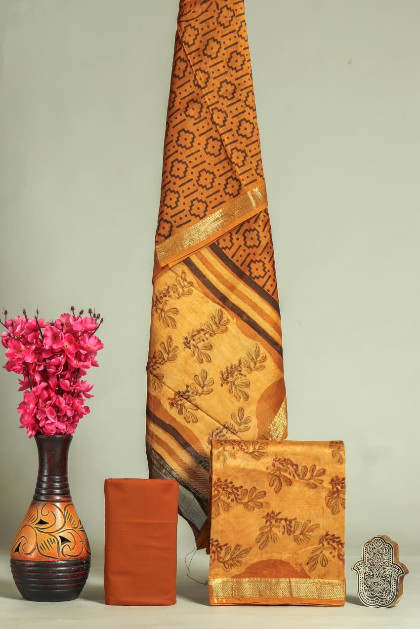 Pure Maheshwari Silk Hand block print Unstitched Suit.