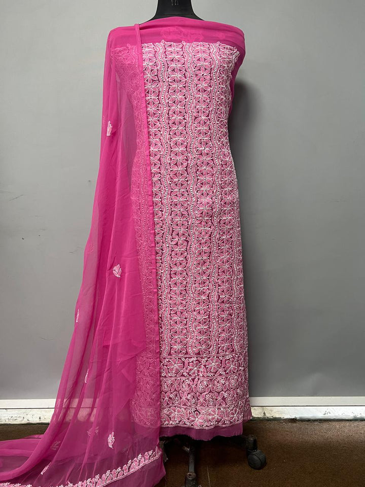 Pure Chiffon Georgette Chikankari Hand Embroidery Unstitched Suit.