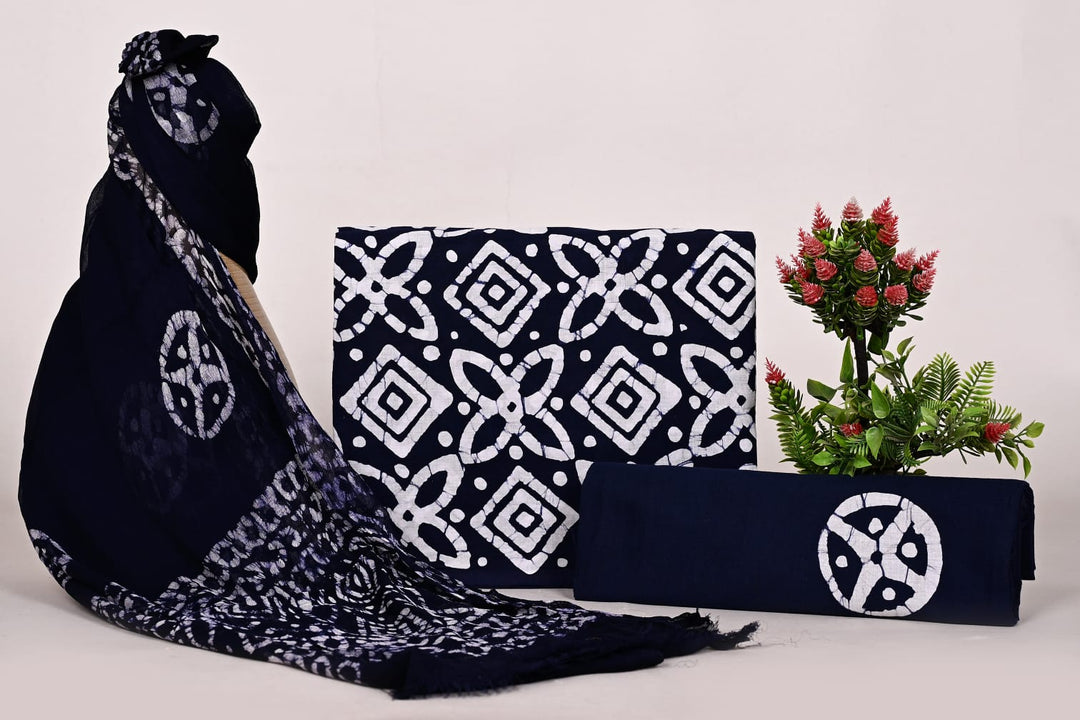 Pure Cotton Hand Block Print Unstitched Suit With Chiffon Dupatta
