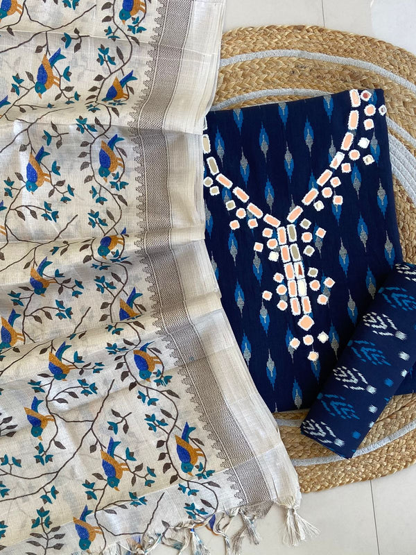 Pure Cotton Azrakh Print Unstitched Suit With Dola Silk Printed Dupatta