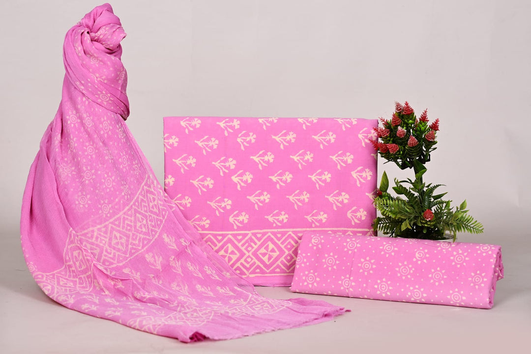 Pure Cotton Hand Block Print Unstitched Suit With Chiffon Dupatta