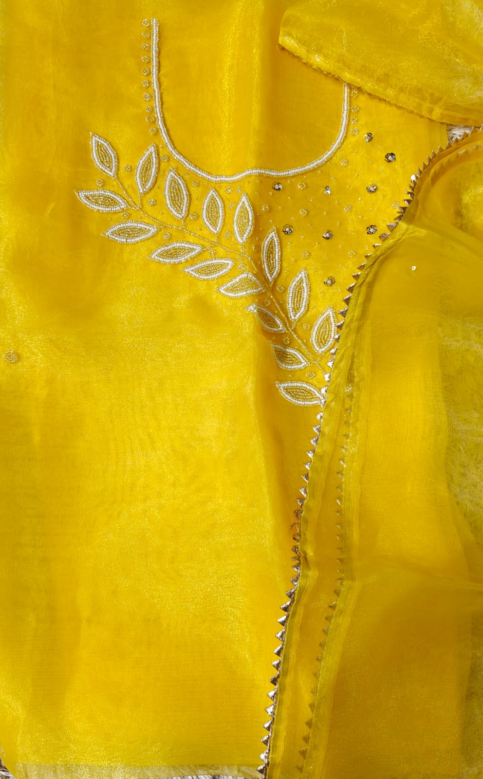 Organza silk suit moti work .