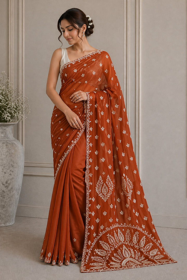Pure Chiffon Chikankari Half Jaal Work Hand Embroidery Saree with Blouse
