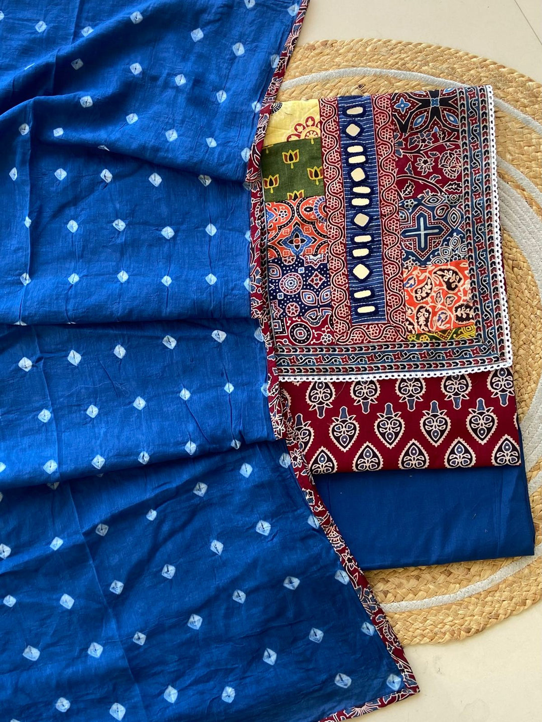 Pure Cotton Azrakh Print Unstitched Suit With Heavy Mirror Work