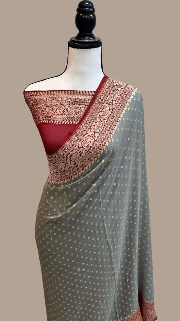 Pure Banarasi Handloom Khaddi Georgette Silk Saree .