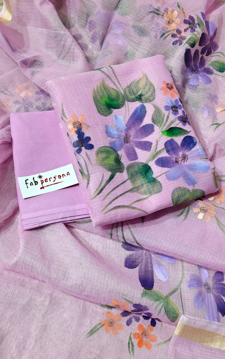 Pure Kota Doria Hand Brush Print Work Unstitched Suit with Dupatta
