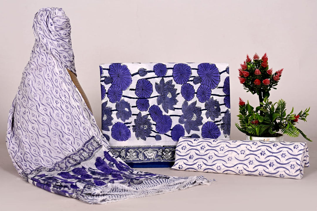 Pure Cotton Hand Block Print Unstitched Suit With Chiffon Dupatta