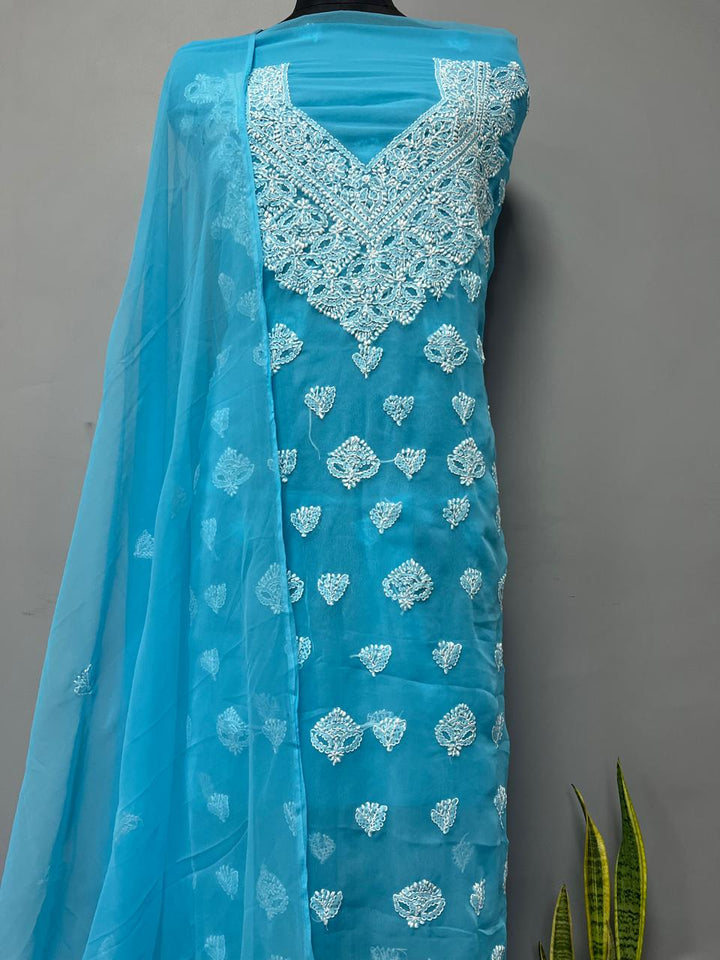 Pure Chiffon Georgette Chikankari Hand Embroidery Unstitched Suit