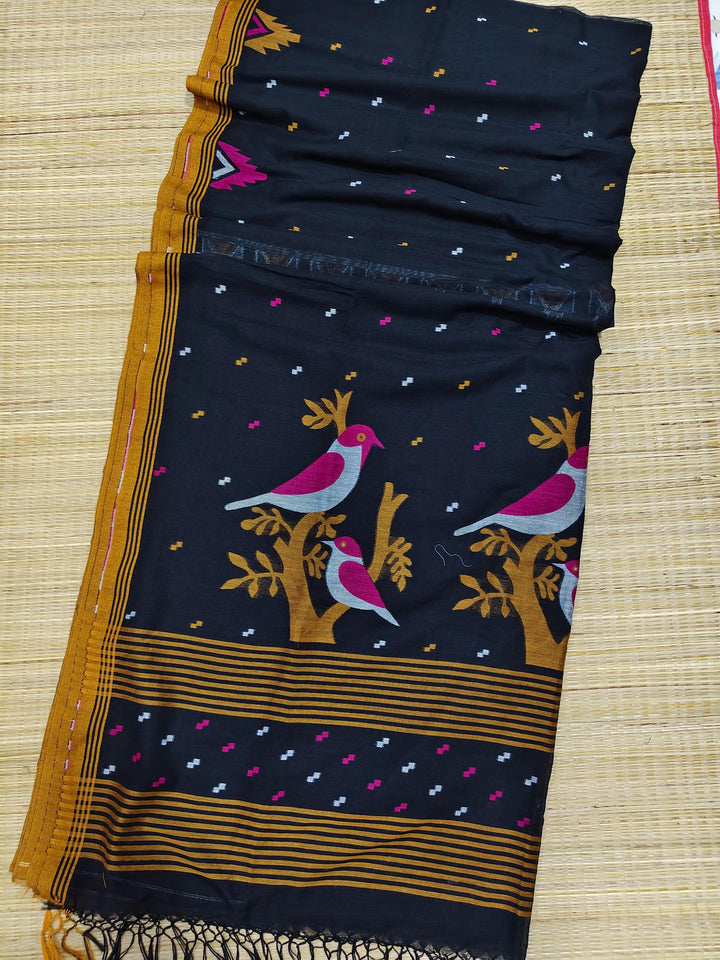 Pure Cotton Handloom Jamdani Bird Motif Saree With Blouse