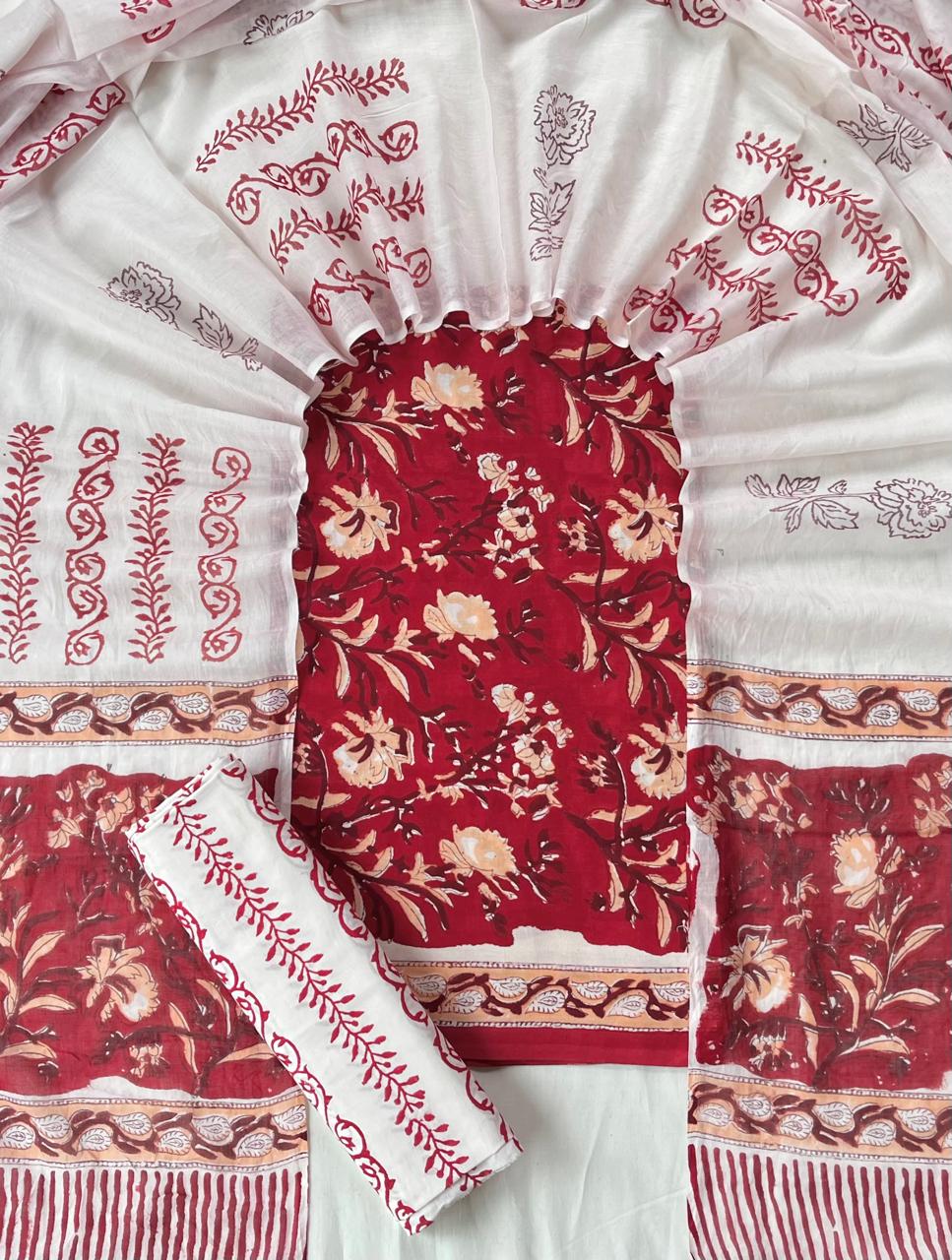 Pure Cotton Hand Block Print Unstitched Suit With Cotton Dupatta