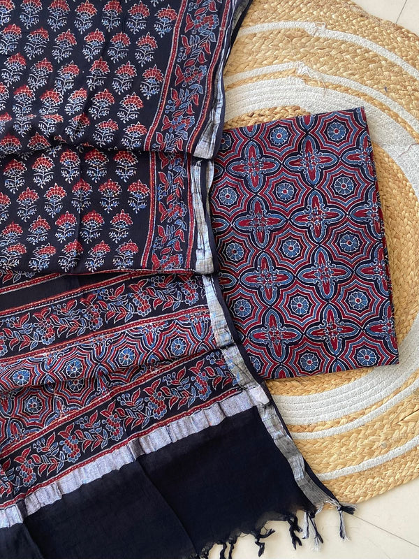 Exclusive Azrakh Hand block Pure Cotton Linen 2-Piece Unstitched Suit  With Dupatta