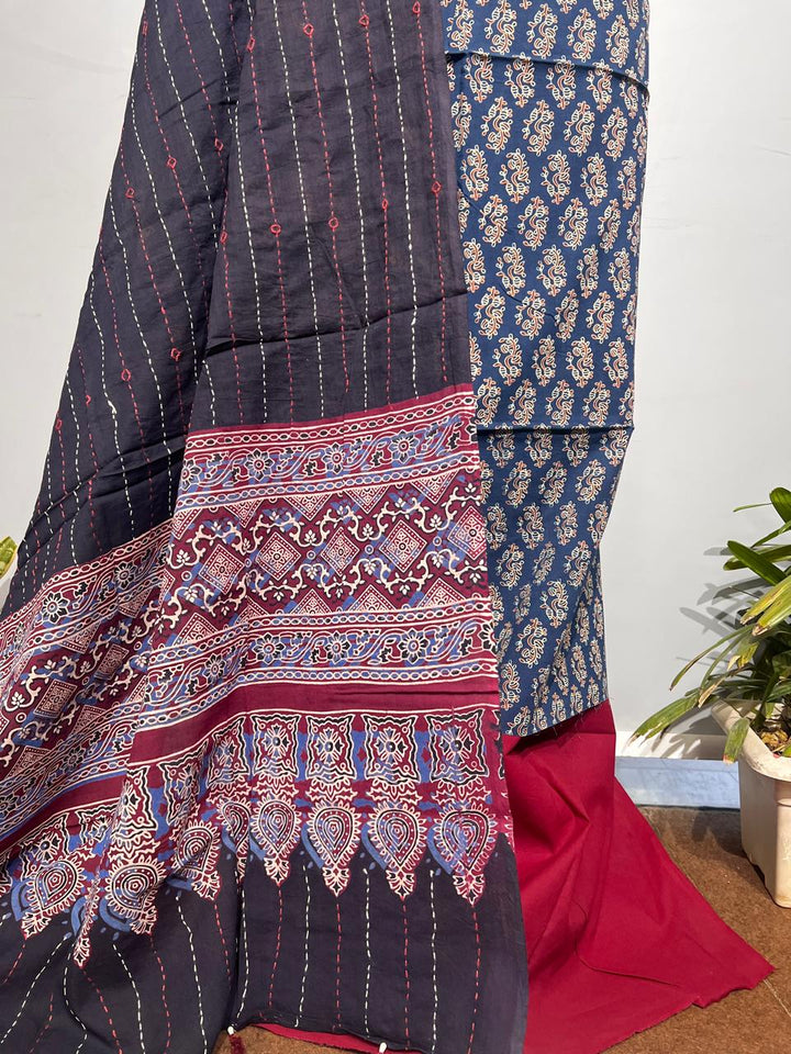 Pure Cotton Azrakh Print Unstitched suit With katha work Dupatta