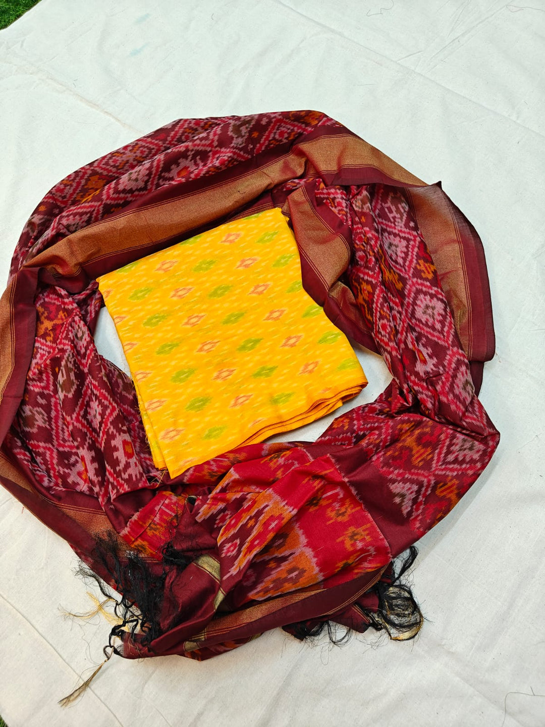 Pure Ikkat Sico Silk Unstitched Suit.