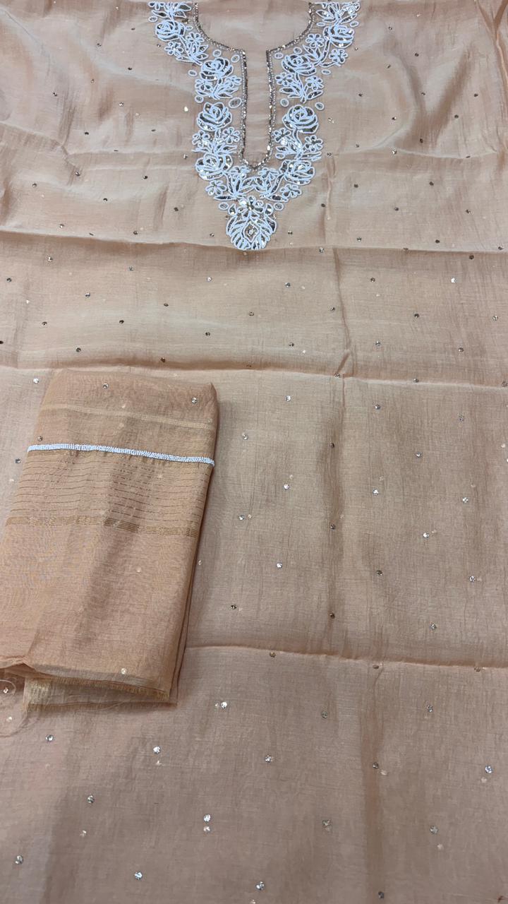 Pure Mul- Mul Chanderi Chakiankari Work Unstitched Suit with Cutdana work.
