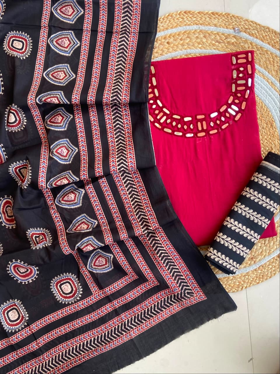 Pure Cotton Azrakh Print Unstitched Suit With heavy mirror work