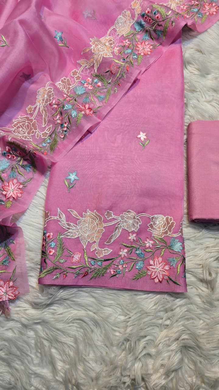Pure Banarasi Organza Silk Applique Work Unstitched Suit.