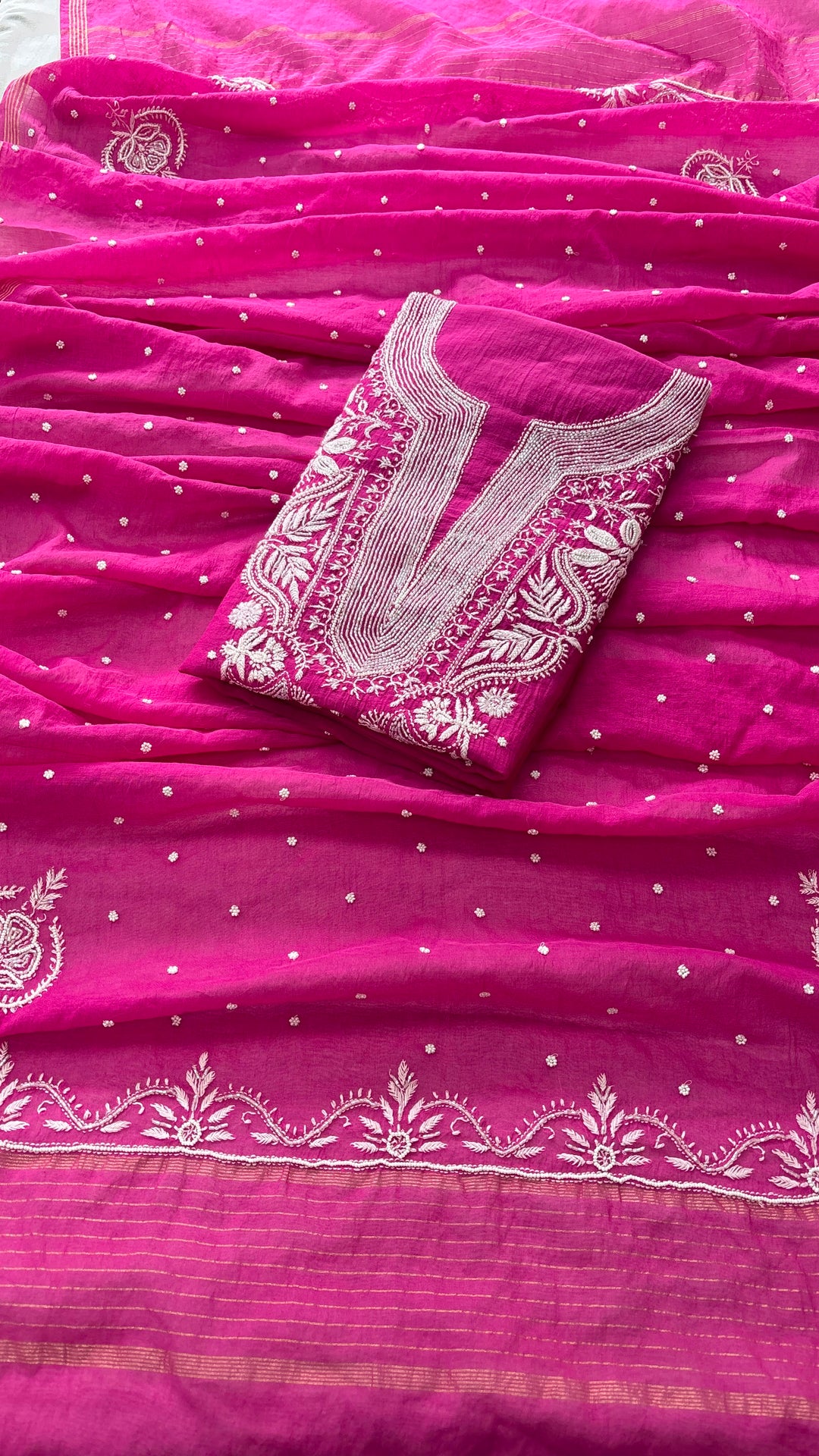 Pure Mul- Mul Chakiankari Work Unstitched Suit with Pearl and Cutdana work