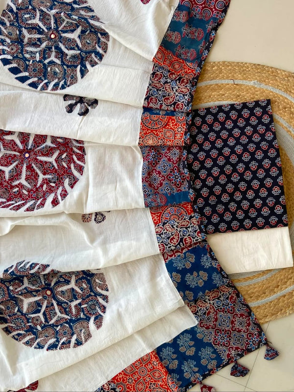 Pure Cotton Azrakh Print Unstitched Suit With Applique Work Dupatta
