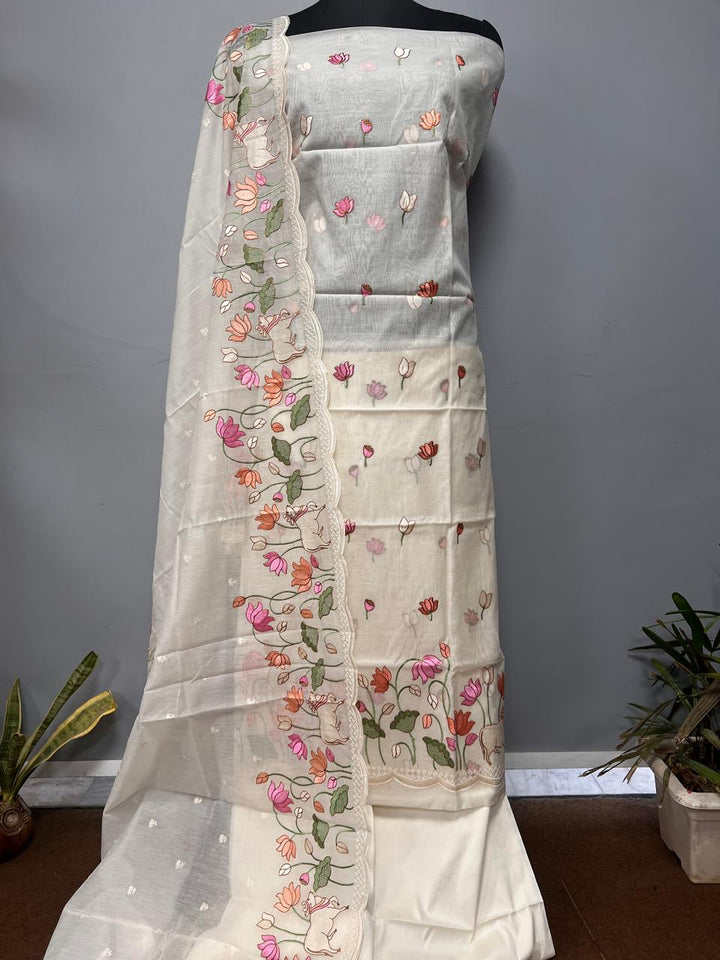 Pure Banarasi Mul Cotton Unstitched Suit With Embroidery Work