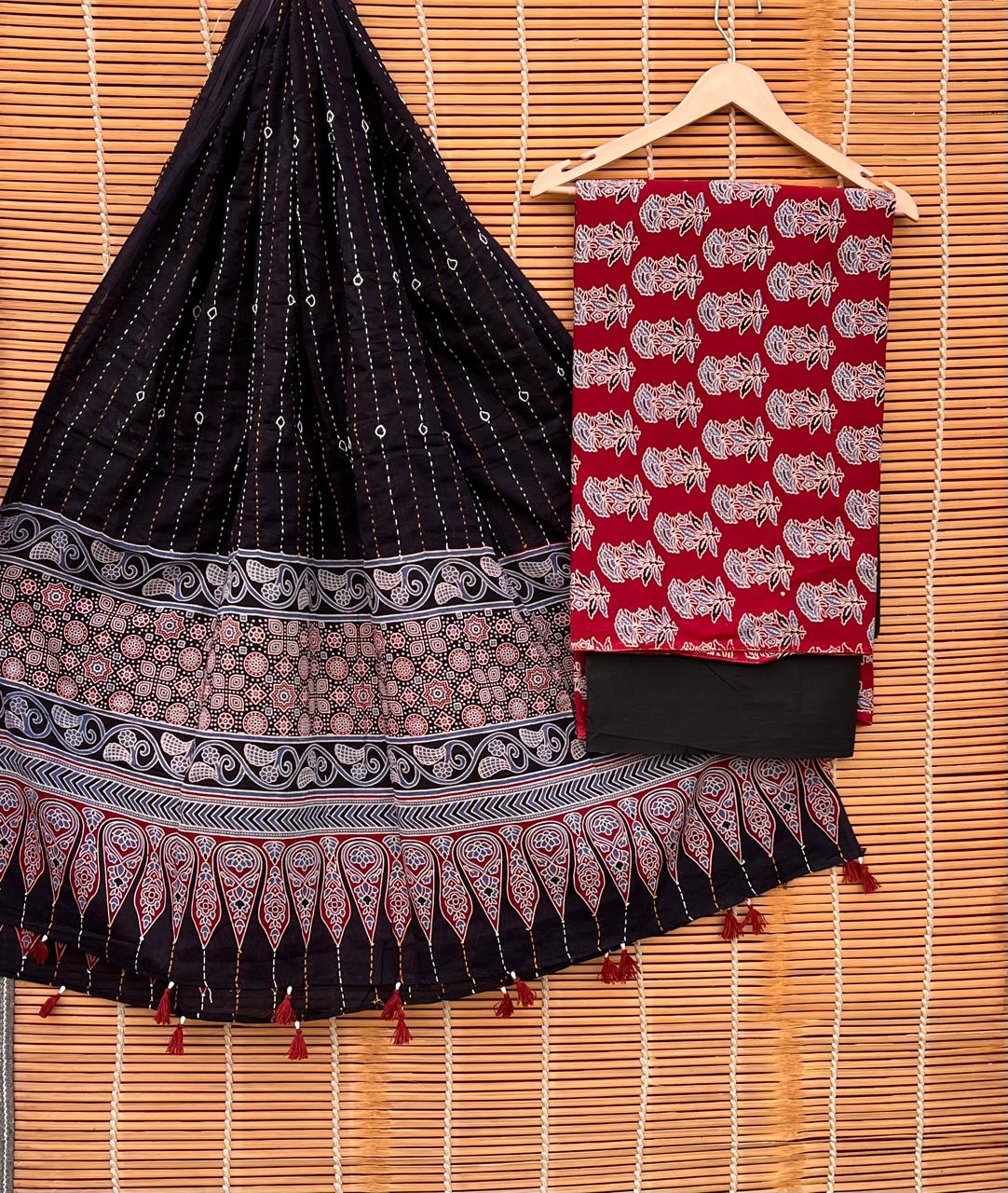 Pure Cotton Azrakh Print Unstitched suit With katha work Dupatta ...